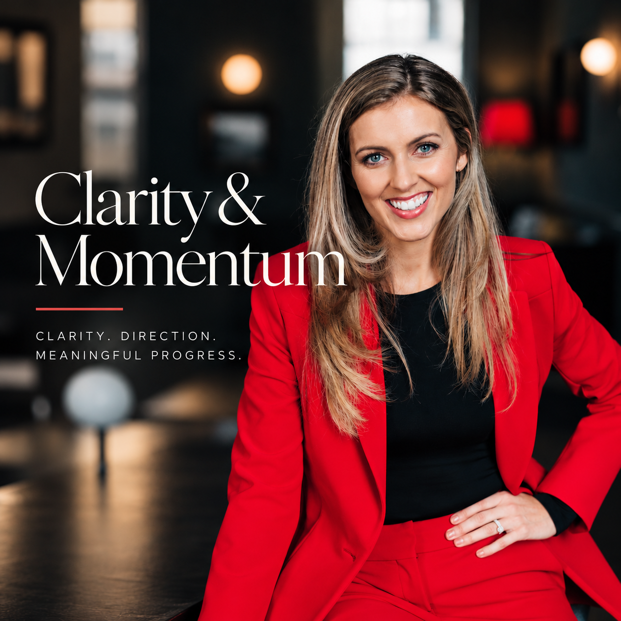 Clarity & Momentum: Mikaela Jackson in a red suit smiling in a warmly lit interior beside the programme title, with the words Clarity. Direction. Meaningful progress.