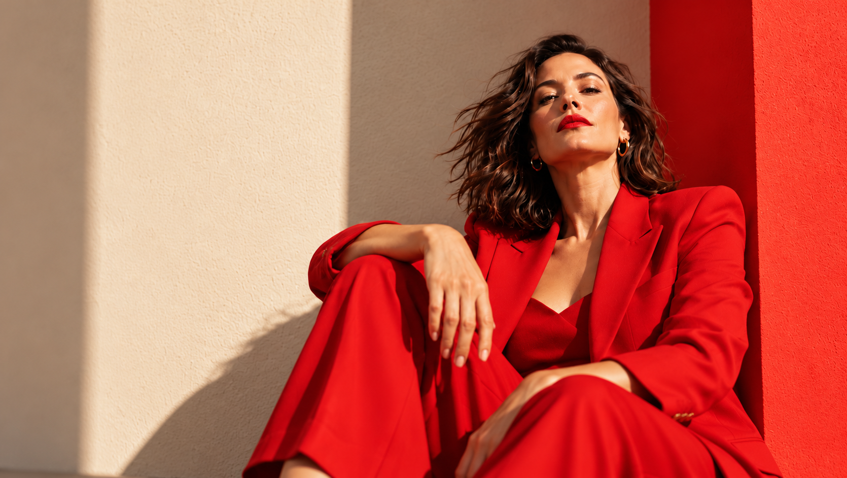 Mikaela Jackson, business coach and founder of She Almighty, seated in a red suit in a sunlit architectural setting