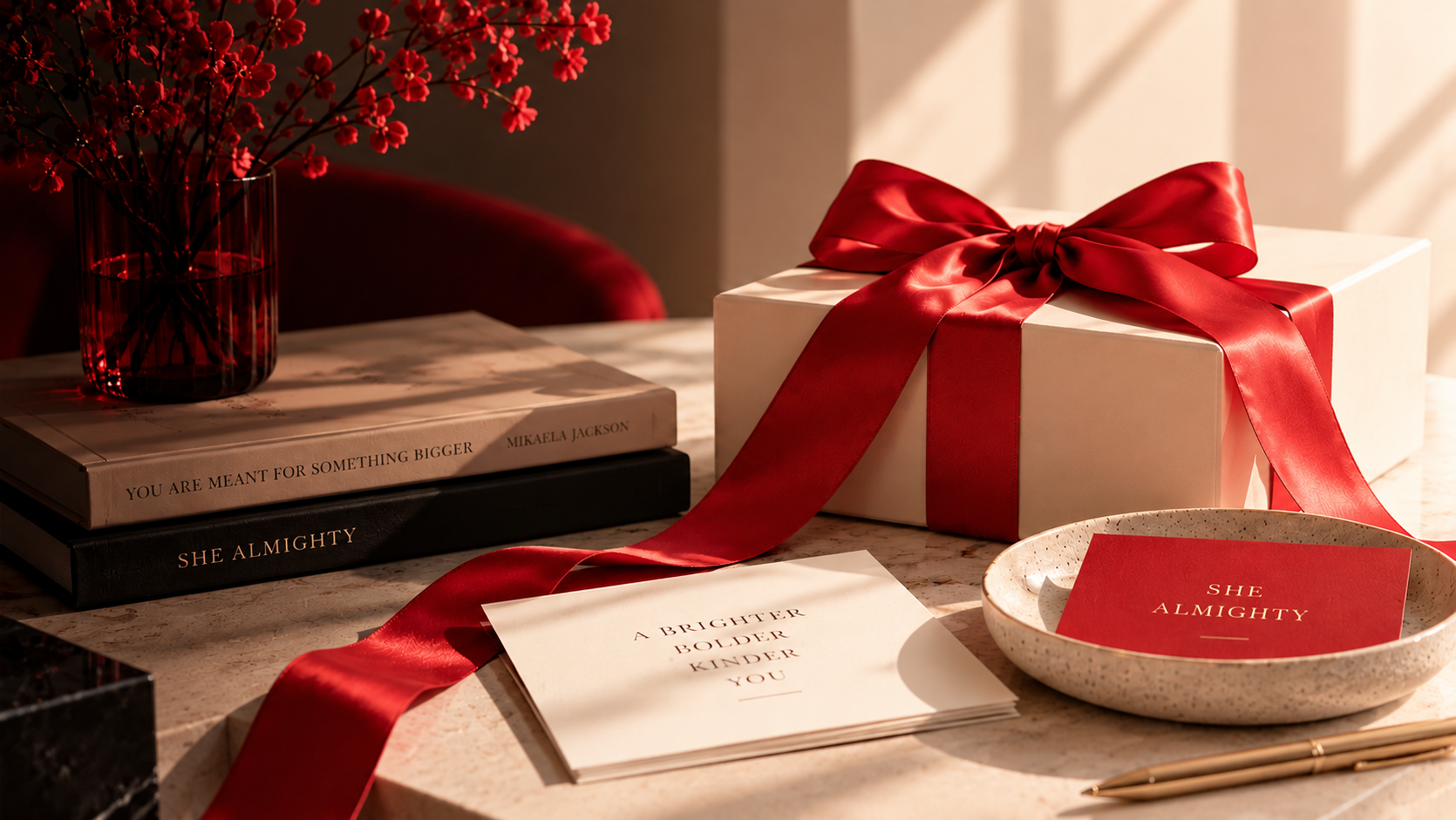 Cream gift box tied with a red satin bow, books, a red vase of flowers and an inspirational card arranged in warm daylight