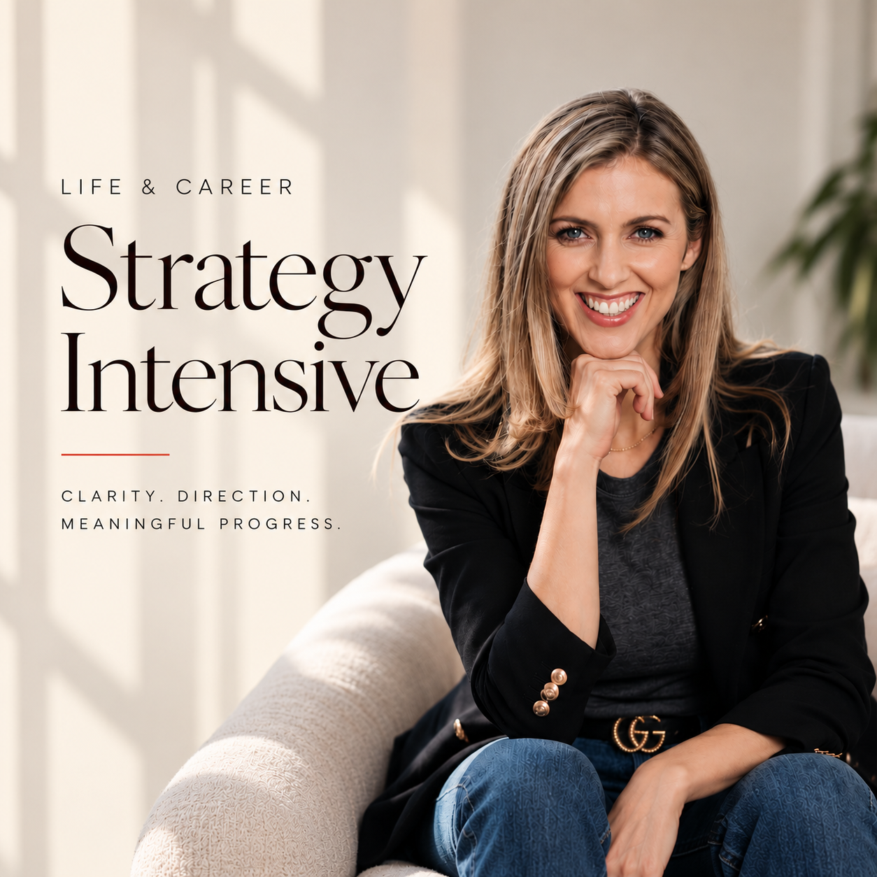 Life & Career Strategy Intensive: Mikaela Jackson seated in a cream chair beside the programme title, with the words Clarity. Direction. Meaningful progress.