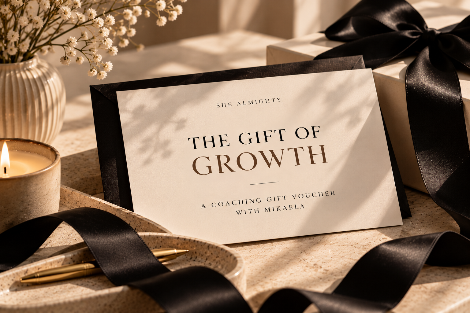The Gift of Growth voucher card printed on cream stationery resting against a black envelope, with a lit candle, white flowers and a black ribbon in warm daylight