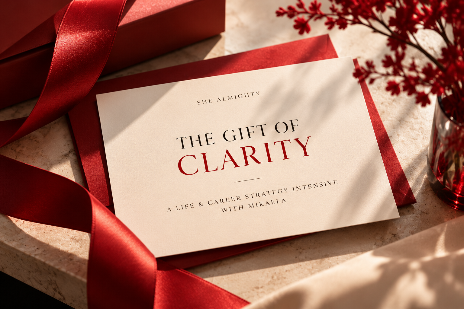 The Gift of Clarity card printed on cream stationery resting on a red envelope, with a red gift box and ribbon and dried red flowers in warm daylight