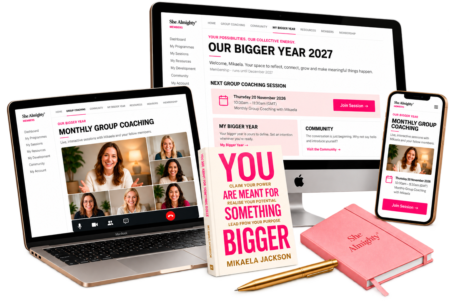 Our Bigger Year: desktop, laptop and phone screens alongside the book, pink notebook and gold pen