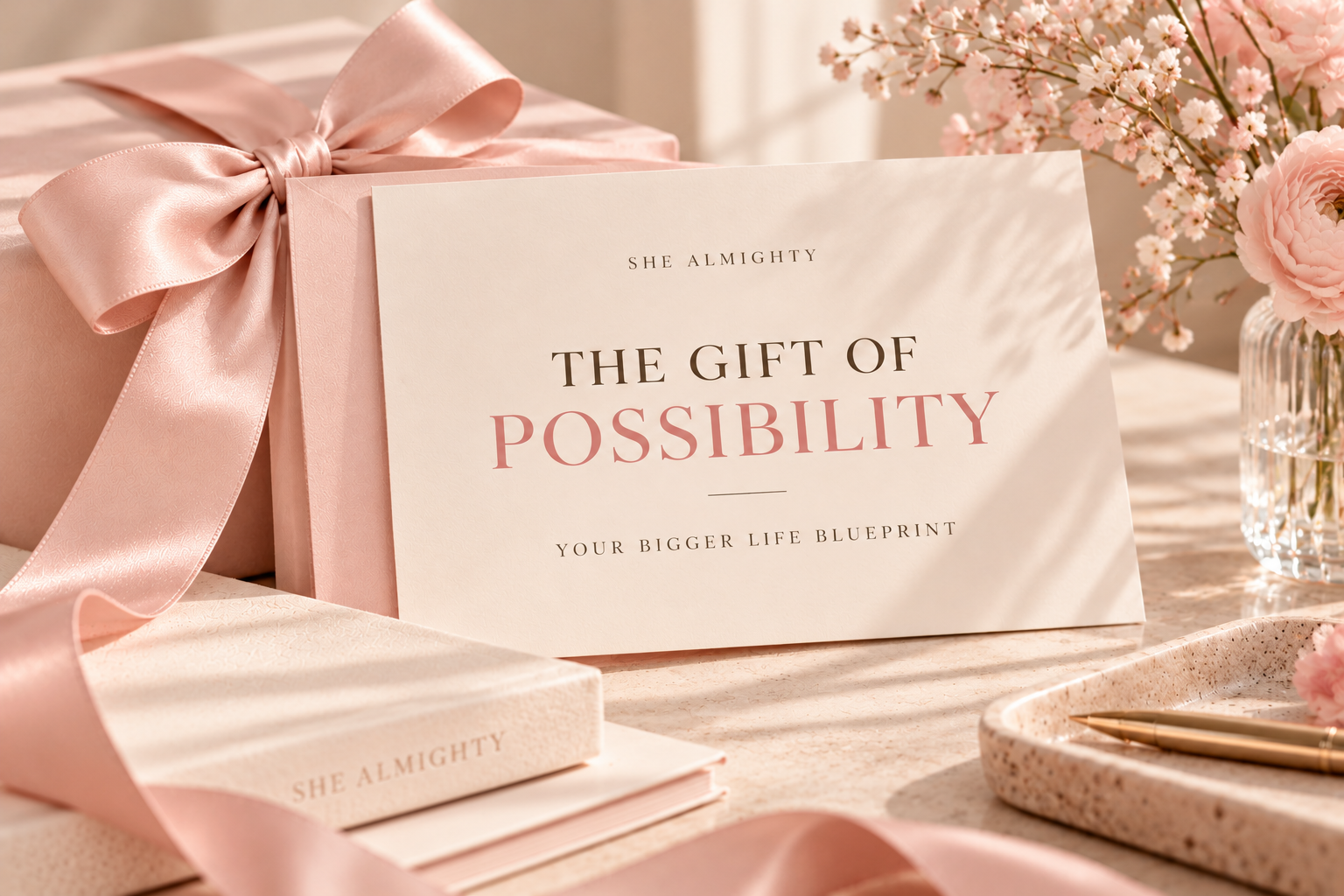 The Gift of Possibility card printed on cream stationery resting against a blush envelope, with a pink gift box and satin ribbon, stacked notebooks and pastel flowers in warm daylight
