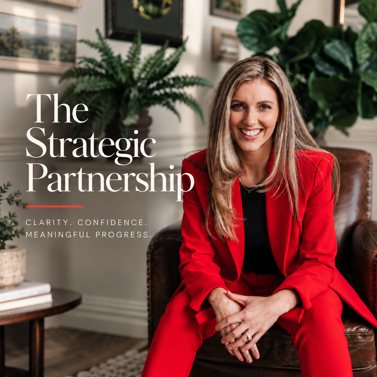 The Strategic Partnership: Mikaela Jackson seated in a leather armchair beside the programme title, with the words Clarity. Confidence. Meaningful progress.