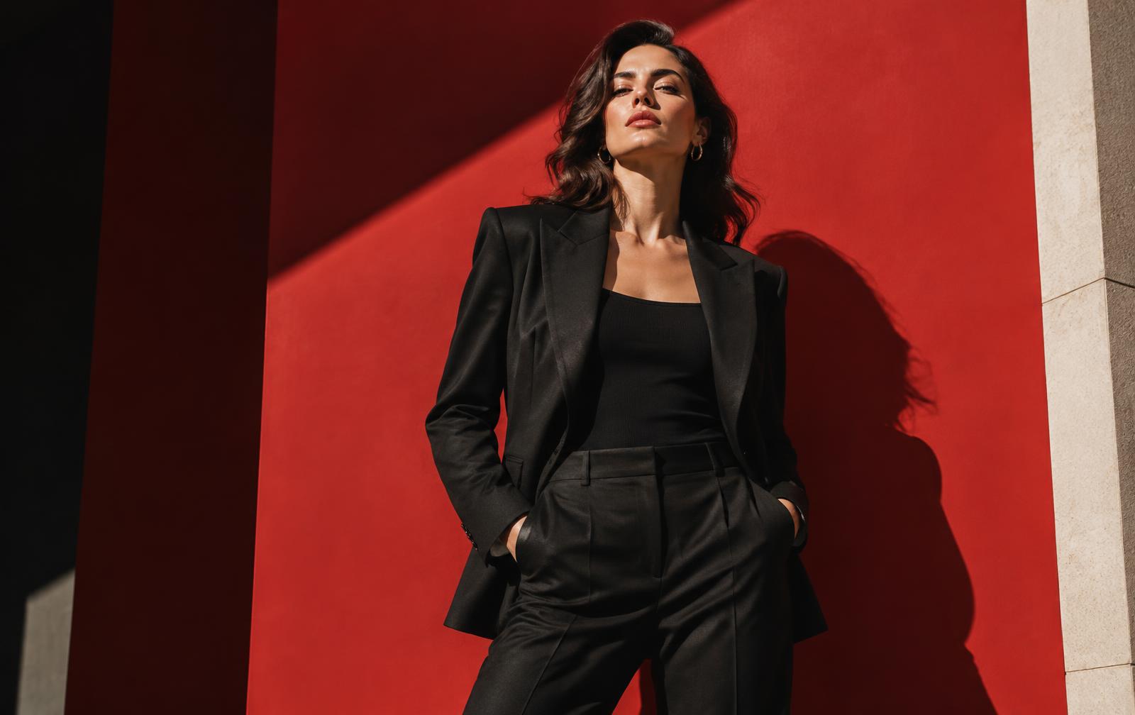A woman in a black tailored suit standing against a vibrant red wall framed by a stone column