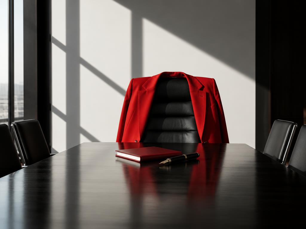 A red tailored blazer draped over an empty executive chair at the head of a boardroom table
